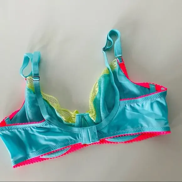 NEW VS VICTORIAS SECRET Blue Pink Yellow Sheer Mesh Lace Bow Underwire Bra 32D